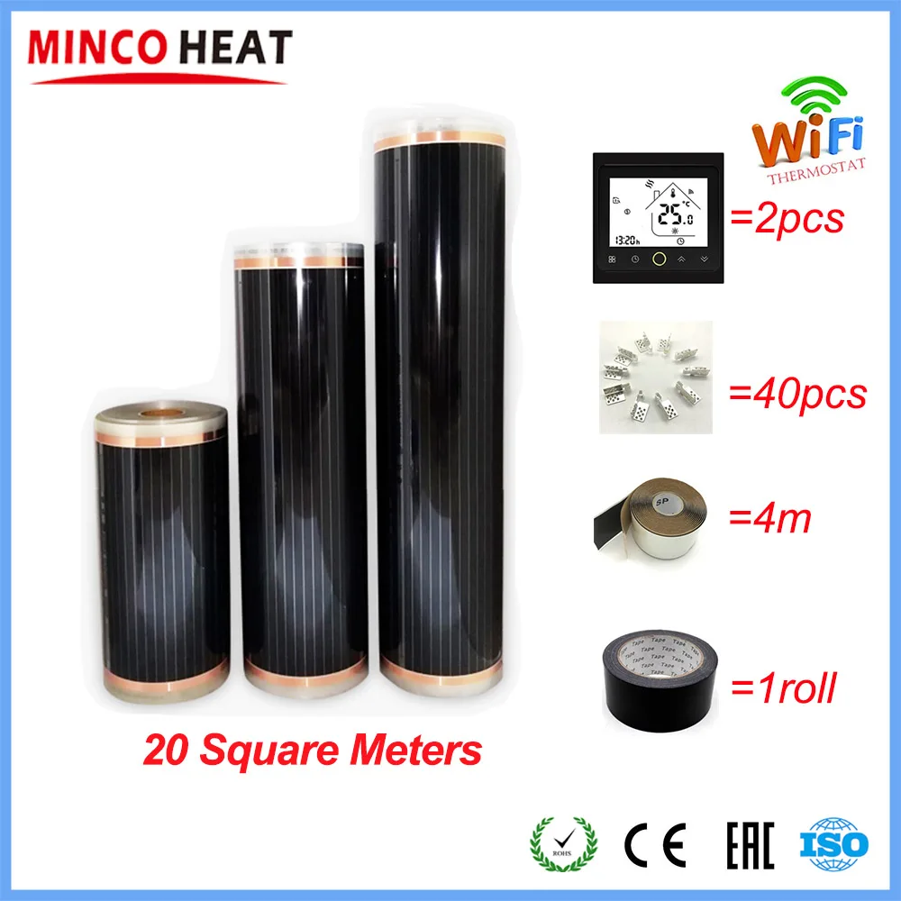 20m2 углеродный теплый пол линолеум инфракрасная пленка с аксессуарами с интеллектуальным Wifi термостатом зажимы - Цвет: BHT002GBEH WiFi kit