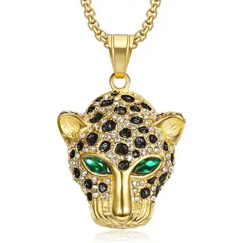 

Hip Hop Rhinestones Paved Bling Iced Out Stainless Steel Leopard Panther Animal Pendants Necklaces for Men Rapper Jewelry