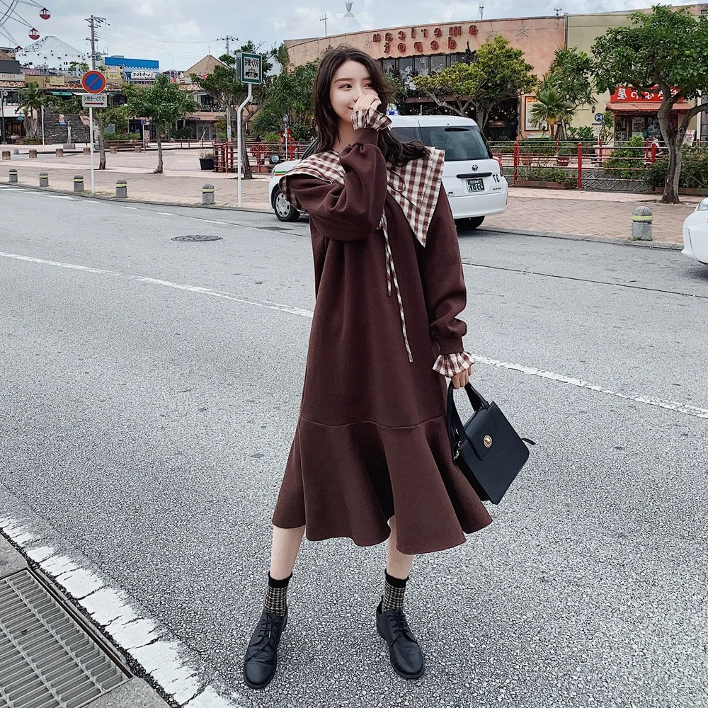

Photo Shoot Fashionable Removable Shoulder Scarf Hoodie Skirt 2020 Spring New Style Retro College Style Fishtail Dress Women's