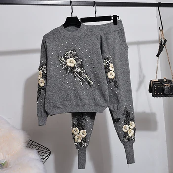 

2020 Autumn Winter knit Set Women New Fashion Beading Flower Long sleeve Knitted Sweater + Casual Small Feet Pants Two Piece Set