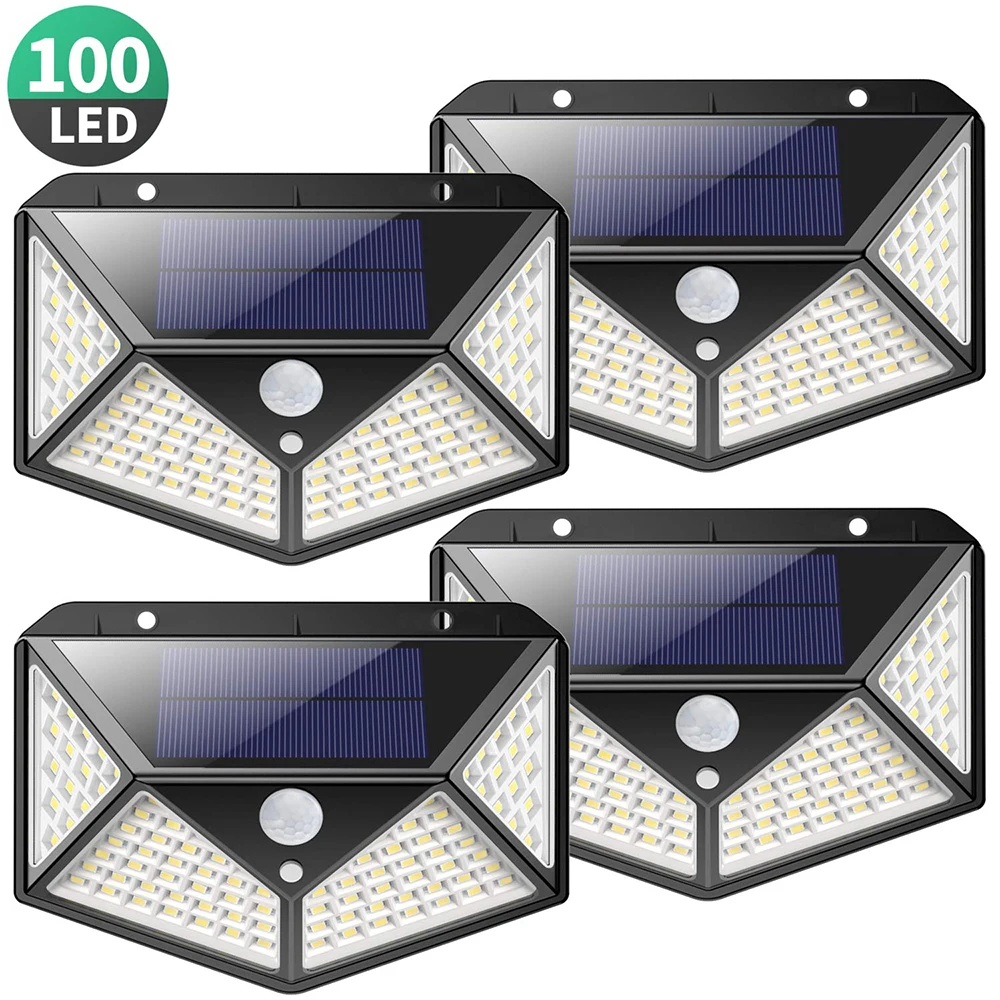 

4Pcs 100 LED Four-Sided Solar Power Light 3 Modes 120 Degree Angle Motion Sensor Wall Lamp Outdoor Waterproof Yard Garden Lamps