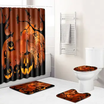 

2020 New Halloween Pumpkin-Element 3D Digital Printed Polyester Fabric Shower Curtain Bathroom Floor Base Toilet Mat