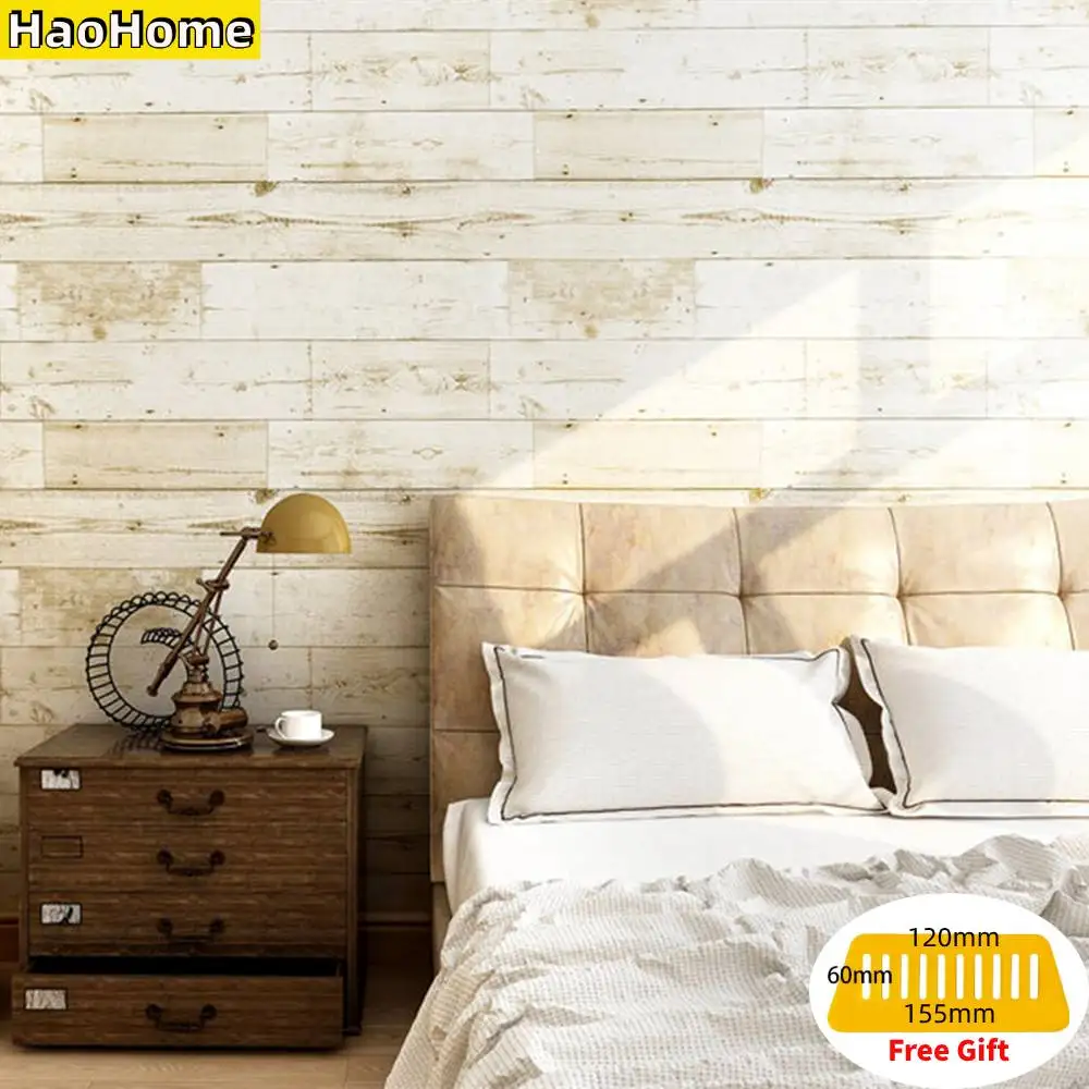 Самоклеящиеся съемные обои HaoHome винтажные с древесной панелью цвет слоновой кости желтая древесина|Обои| |
