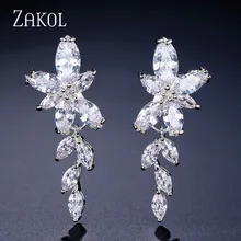 Длинные висячие серьги-капли с кристаллами циркония и цветком в форме маркизы в форме блестящего листа, свадебные ювелирные изделия для женщин, ZAKOL FSEP167