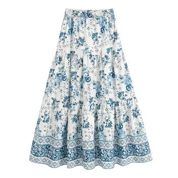 

2020 Spring Women's New Retro High Waist Elastic Waist Wild Ethnic Print Loose Long Midi Skirt 05107048044