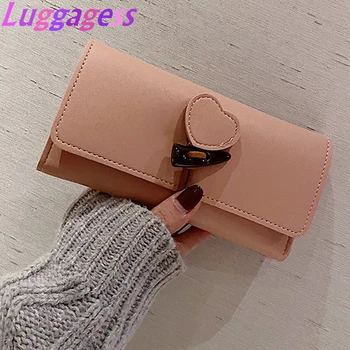 

New Cute PU Leather Purse Heart-shaped Decoration Long Multi-card Wallet Purse Buckle Mobile Phone Student Women's Wallet