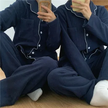 

2020 New Solid Color Winter Brushed Pajamas Women Keep Warm Korean Thick Simple Pajamas Set Couple Pajamas Set Winter Female