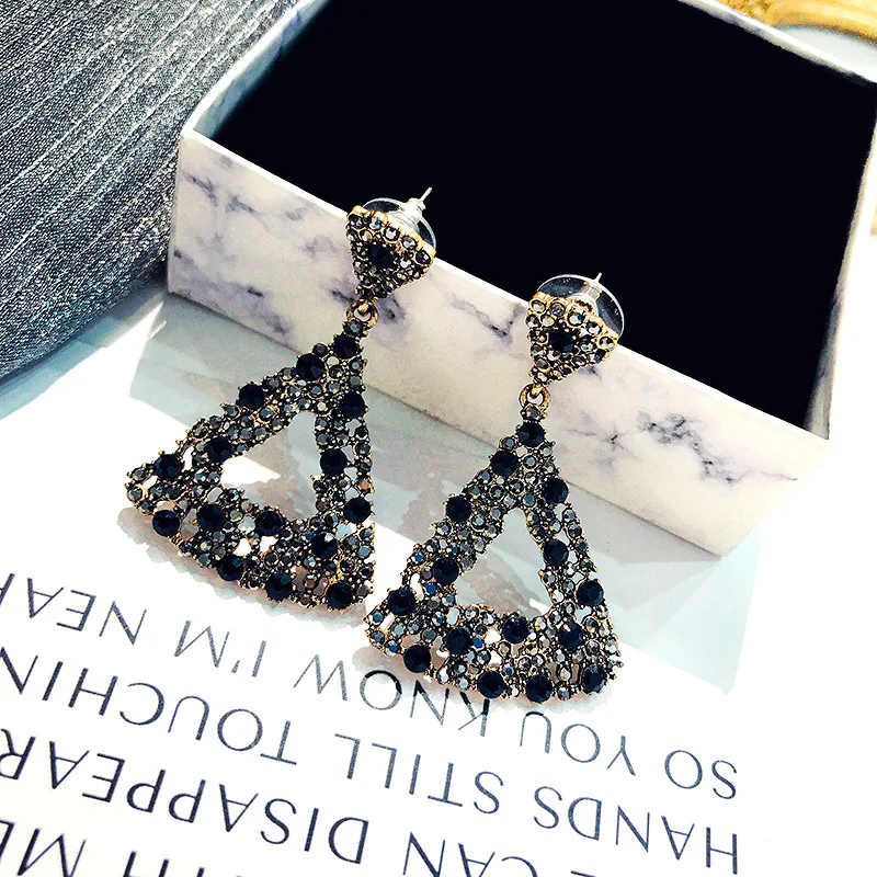 

925 Silver Geometry Triangular Earrings Retro Debutante Elegant Rhinestone Long Earrings Korean-style Fashionable Ear Stud