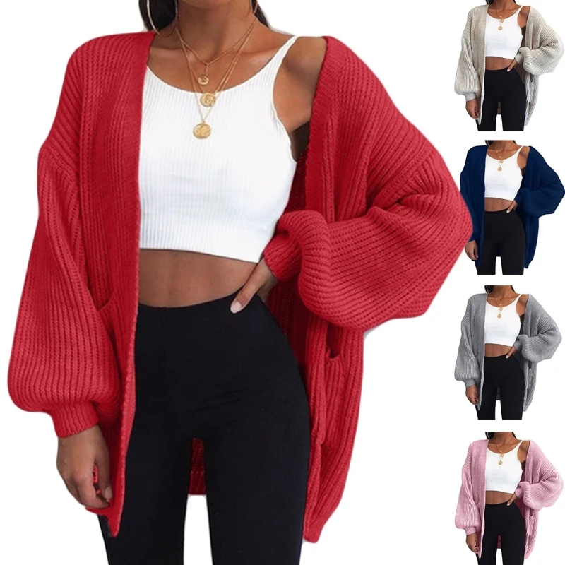 

Women Lantern Sleeve Sweater Cardigan Solid Color Open Front Knit Midi Long Coat