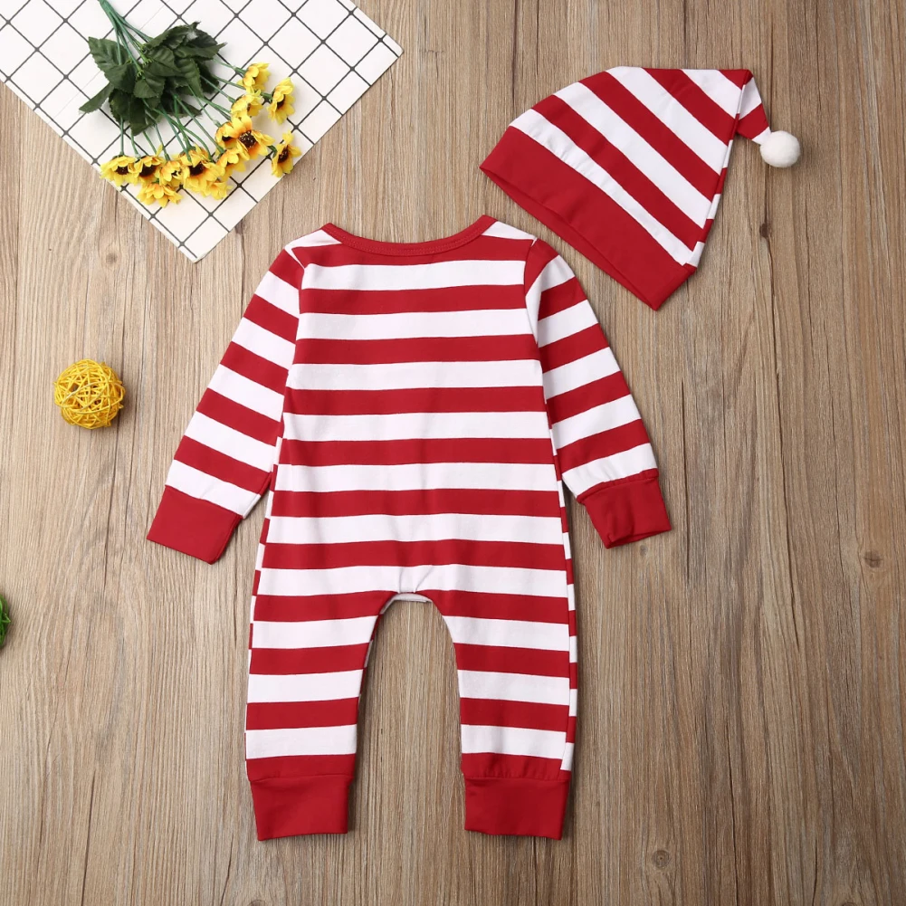 Emmaaby My First Christmas/Одежда для новорожденных мальчиков и девочек; комбинезон в полоску с длинными рукавами и пуговицами+ шапка; рождественские наряды; сезон осень