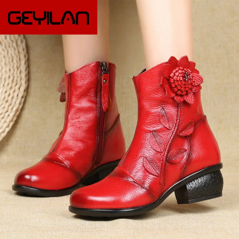 Women Ankle Boots Flower Women's Boots Woman Genuine Leather Ladies Fashion Zip Autumn Winter Comfort Female Shoes Woman