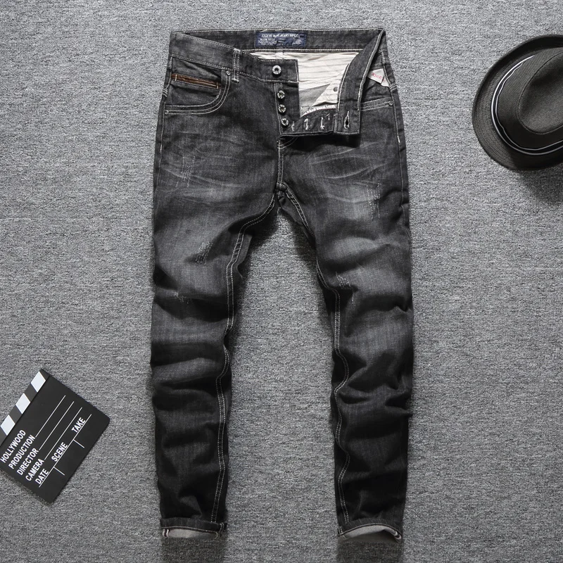 

Italian Style Fashion Men Jeans Black Gray Slim Fit Vintage Designer Jeans Men Denim Buttons Pants Streetwear Hip Hop Jeans