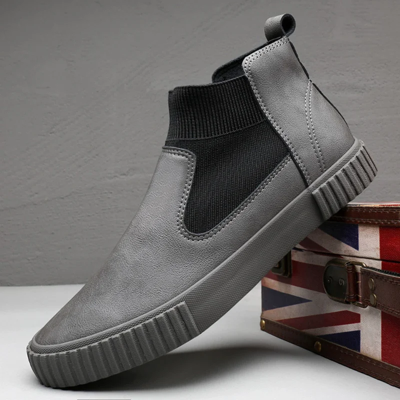 Mens Moccasins Casual high top slip on Leather Shoes Male Casual Shoes black gray Sneakers Leather flats shoes A22-03