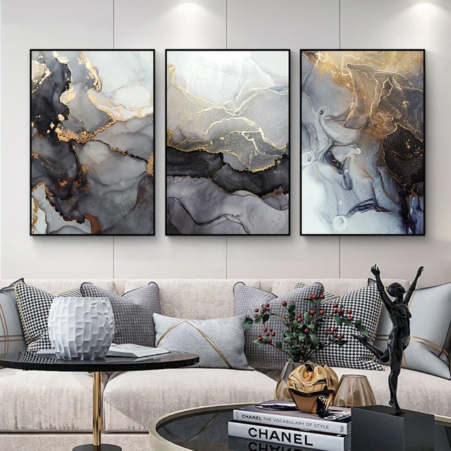 3pcs Black Grey And Gold Fluid Style Painting Set Canvas Art Posters and  Prints Cuadros Home