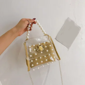 

2-in-1 Women PVC Transparent Handbag Fashionable Faux Pearls Crossbody Shoulder Bag Beautiful Clear Jelly Purse