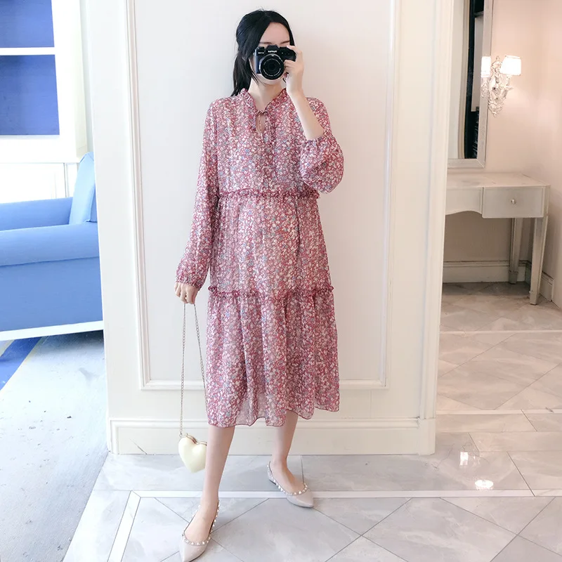 

2020 Maternity Clothes New Style Korean-style Loose-Fit Small Floral Print Long Sleeve Chiffon Dress Early Spring Pregnant Women