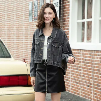 

Women's Jacket 2019 Solid Color Autumn Korean Loose Thin Bomber Denim Jacket Female Long Sleeve Short Denim Jackets Ladies Coat