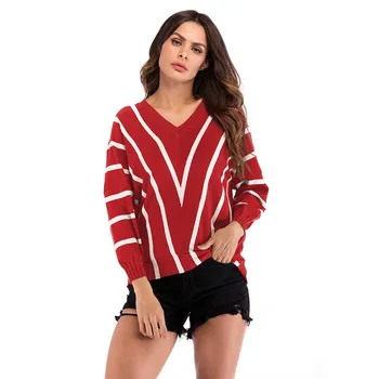 

Women's Jumper Sweater New Long-sleeved V Neck Solid Sexy Striped Patchwork Autumn Winter Fashion Casual Warm Loose Pullover #S