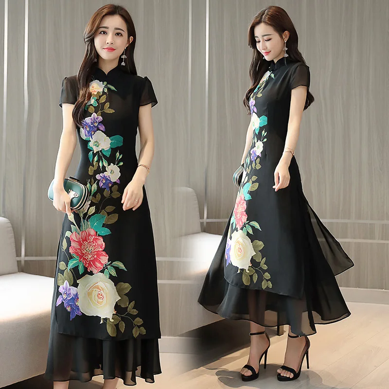 

Photo Shoot Improved Audrey 2019 New Style Slim Fit Elegant Waist Hugging Stand Collar Mid-length Chiffon Dress Women's