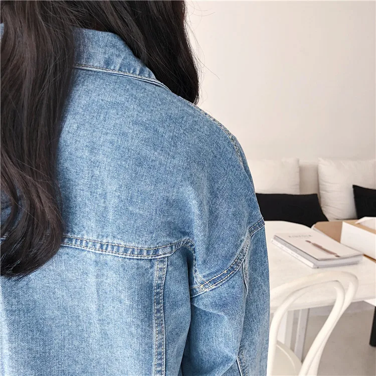 New Solid Turn-down Collar Jean Jacket for Women Loose Casual Blue Fashionable Women Coats Female outwear Denim Feminine