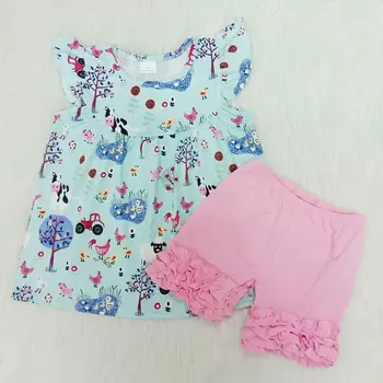 

Baby Girls Clothes Set 2020 Summer Chick Cow Farm Shirt + Pink Shorts 2 Pieces Sets Casual Bouqiue Kid Clothing Suit