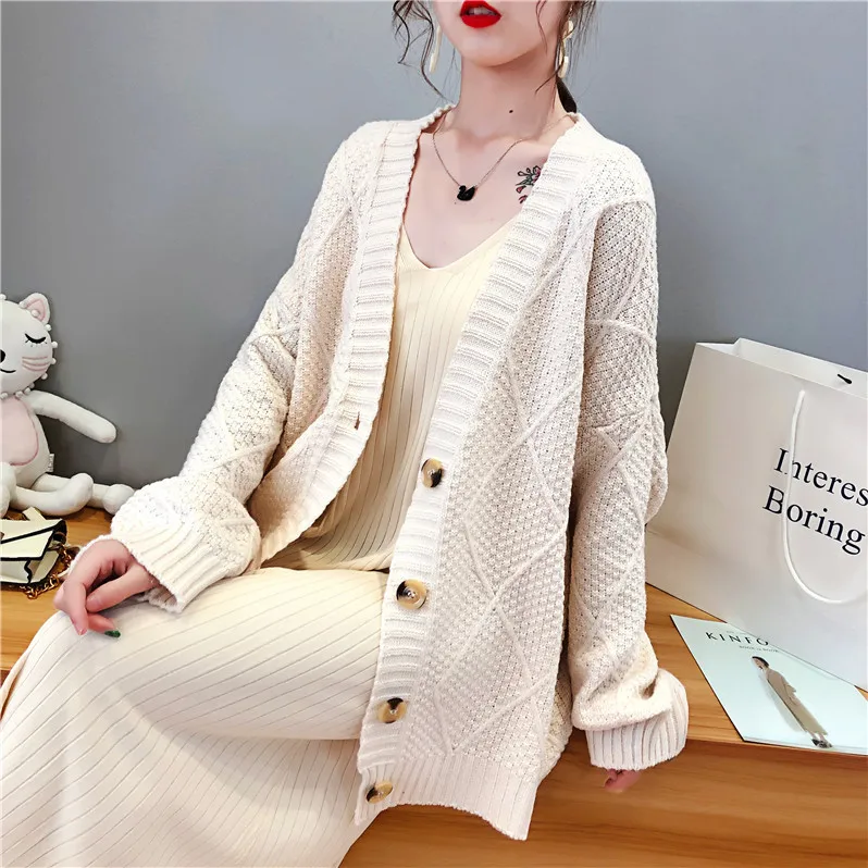 

Loose Cardigan Knitted Sweaters Diamond Plaid Female Sweater Korean Long Sleeve Women Tops 2019 Spring Autumn Coat Suitlionbutf