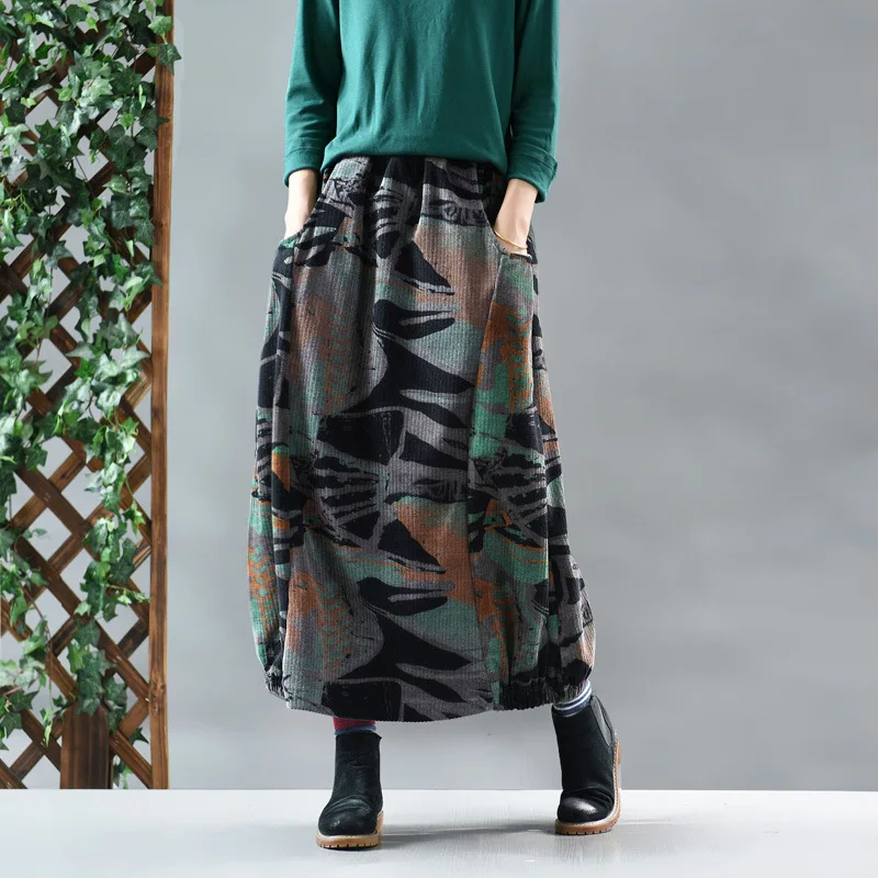 Women Skirt 2020 Autumn Winter Elastic Waist Loose Corduroy Skirt Cotton Printing Long Skirt Women Pockets Vintage Female Skirts