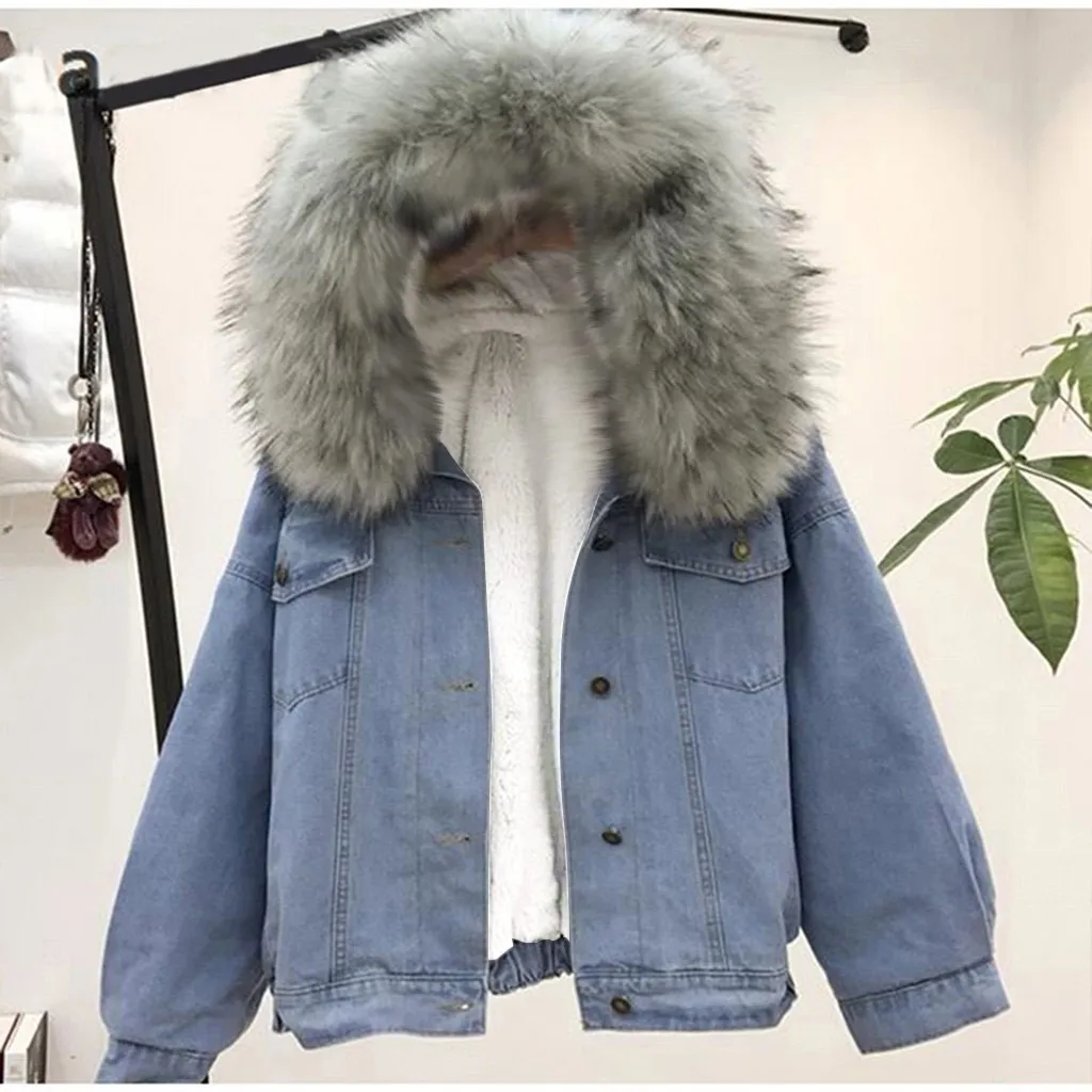 Women Denim Jacket Winter Thicken Fleece Outdoor Coat Faux Fur Collar Hooded Long Sleeve Denim Female Windproof Outwear#BL40