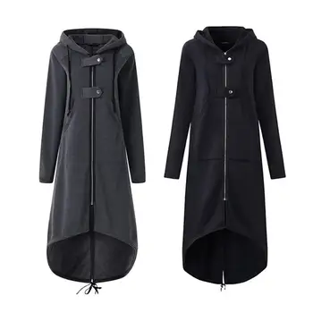 

Autumn Winter Womens Coats Long Black Jackets Sliming Plus Size Loose Goth Outwear Hem Zip Button Hooded Jacket
