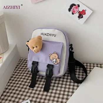 

Casual Women Canvas Shoulder Bag Korean Plush Bear Pendant Small Crossbody Pouch Fashion Exquisite Shopping Bag