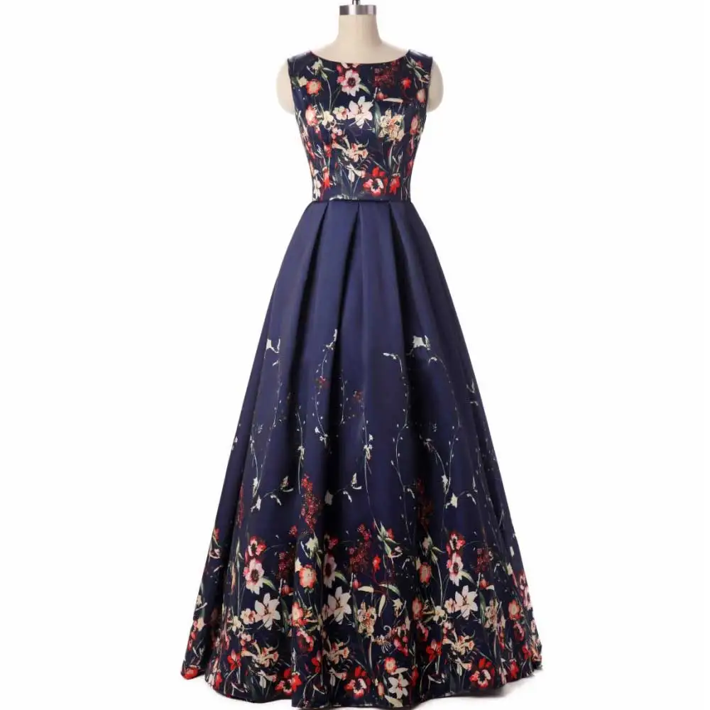 navy blue Темно-синие Сатиновые вечерние платья, длинные с глубоким декольте, без рукавов, с цветочным принтом, а-силуэт, длина до пола, женские вечерние платья размера плюс - Color: navy blue
