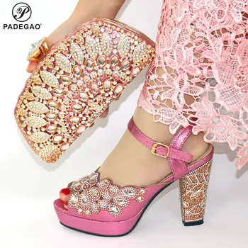 

Nigerian Pink Color Special Design Ladies Matching Shoe and Bag Material with Pu African Shoes and Bags Set for Party Women Shoe