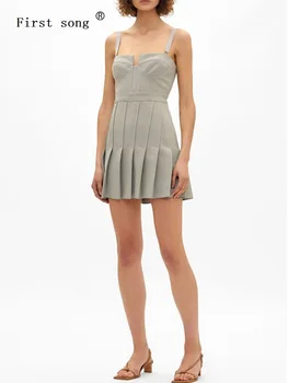 

Free shipping women's tube top suspenders summer sexy dress 2020 ladies summer dress fashion high waist women's pleated dress XL