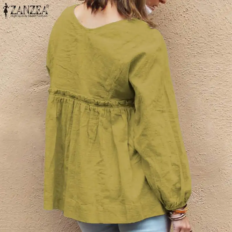 ZANZEA/винтажная женская блузка с длинными рукавами и оборками, Осеннее однотонное хлопковое белье с v-образным вырезом, рубашка, женский халат, рабочие шифоновые блузы, Топ Femme