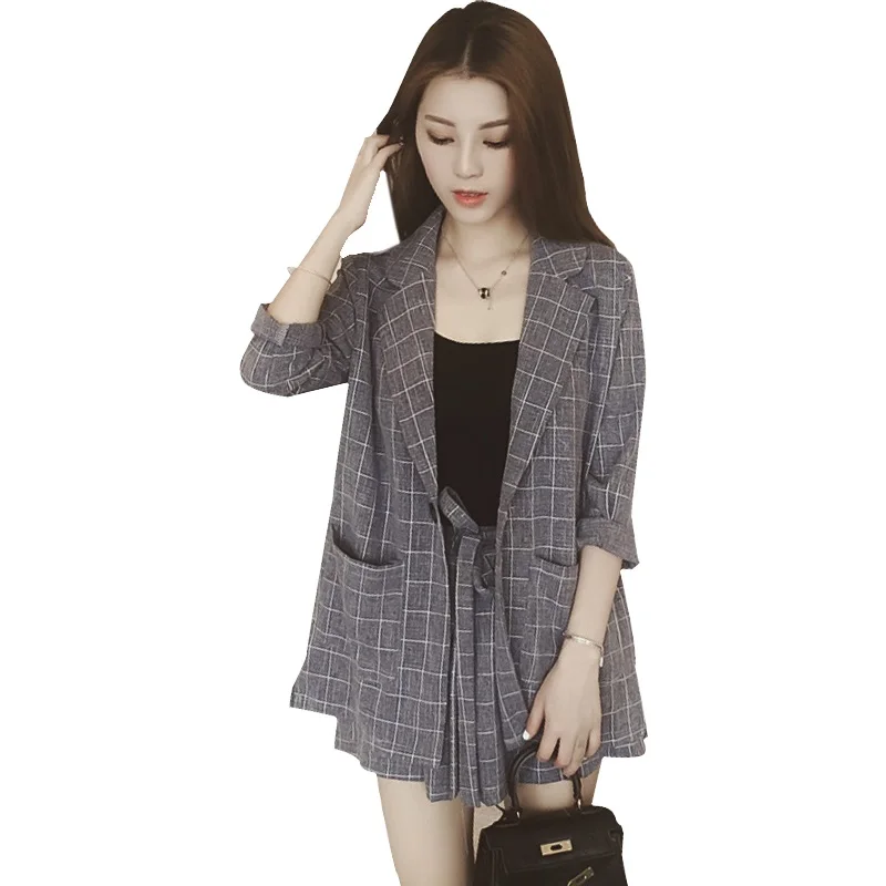 

Women Two Piece Outfits Summer Autumn Casual Office Lady Tops + Shorts Pants Plus Size Plaid Top Women Office Suit Set