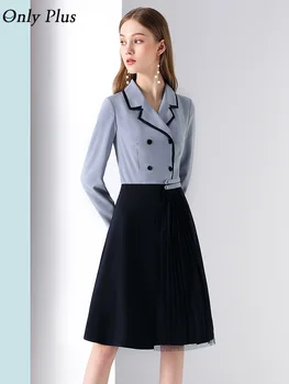 

Only Plus 2020 New Spring French Patchwork Dress Office Lady Turn-Down Collar Vestidos Vintage Button Slim Waist OL Dresses