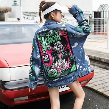 

Cowboy Loose Coat Female Denim Women Jeans Jacket Cartoo Cartoon Street Denim Harajuku Boyfriend Hot Clothes BY195