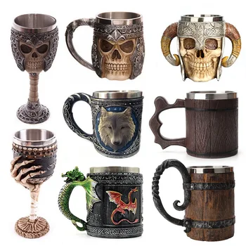 

Retro Horn Skull Resin Beer Mug Stainless Steel Skull Knight Halloween Coffee Cup Tea Mug Pub Bar Decoration