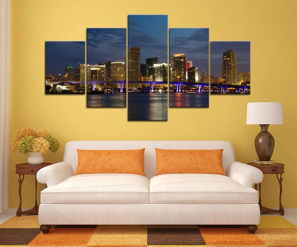 Miami Night Panorama Canvas Painting Wall Art Game 5 Pieces Prints Home Decor Picture Panels Poster For Linving Frame | Дом и сад