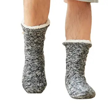 

Men Winter Warm Fuzzy Slipper Socks Twist Cable Knit Solid Plush Lined Hosiery H7EF