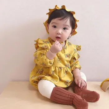 

2020 Autumn Newborn Baby Girls Bodysuits Ruffle Puff Sleeve Floral Baby Jumpsuit Baby Girls Birthday Clothes With Hat