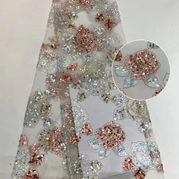 

Latest African Net Lace Fabric 2020 High Quality Sequins Nigerian Lace Fabrics 5Yards French Tulle Lace Material YYZ78977