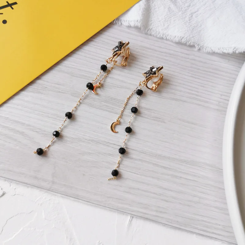 Серьги-клипсы в японском стиле с длинной цепочкой и кисточками, черные серьги-клипсы в виде Сейлор Мун и звезд без пирсинга для женщин, женские свадебные серьги - Окраска металла: black Clip earrings