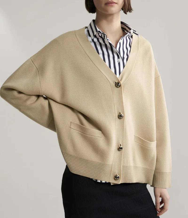 Women Cardigan Sweater Merino Wool V-neck Wide Cuffs Side Pockets Monogram Buttons Up Front Oversized Knitted Jumper