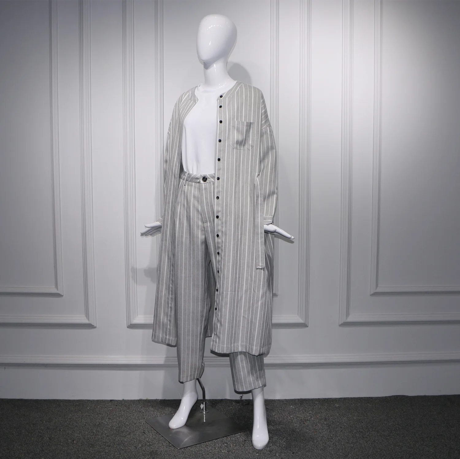 

Grey Stripe Long-sleeved Women's 2019 Single Breasted Long O-Neck Woman Clothes Trench Coat for Women