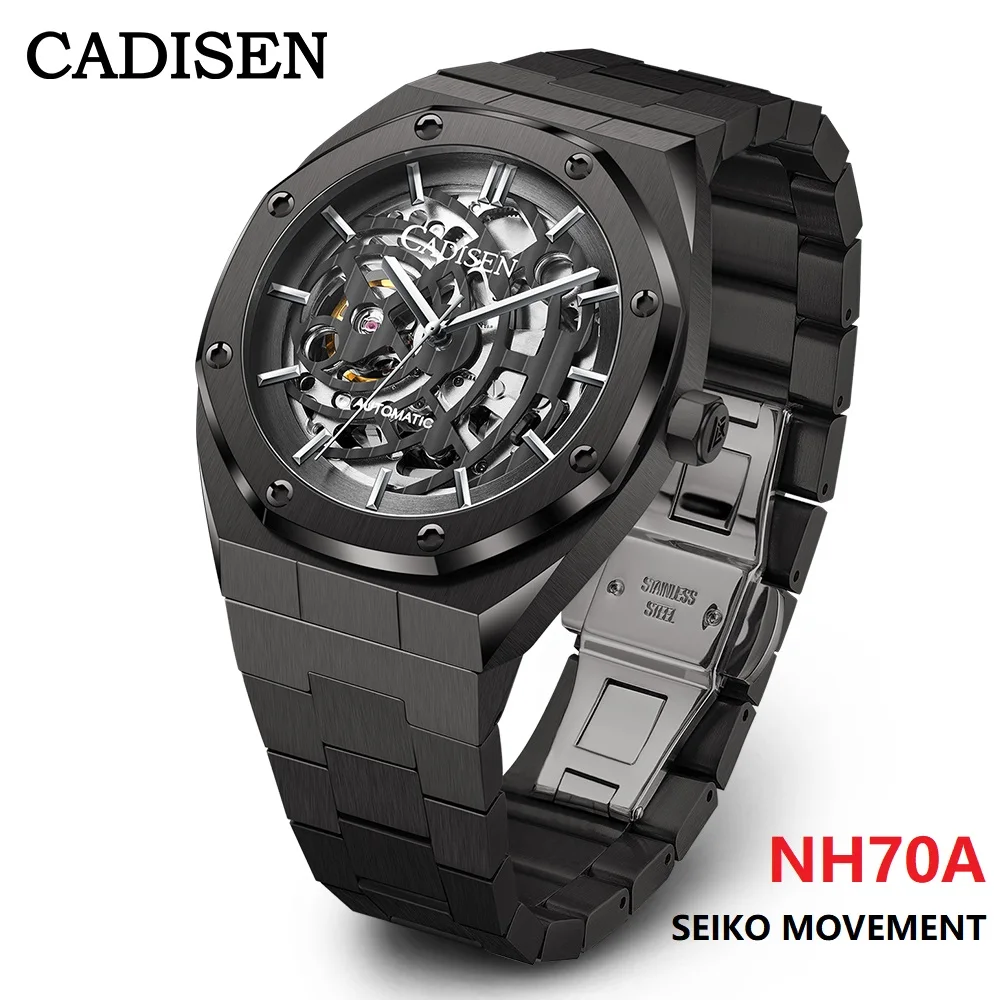 CADISEN Men Watches Mechanical Automatic Japan NH70A Hollow out Design Watch Men 100M Waterproof Brand Luxury Casual Sport Watch