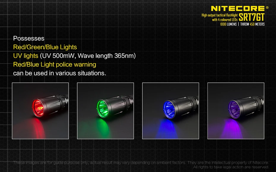 Fonte de Luz Tática para a Caça Nitecore Glar Lanterna Alta 0utput 4 Cor 7 Modos Especiais Led Srt7gt 1000lumens 6 4 cor fonte de luz 7 modos