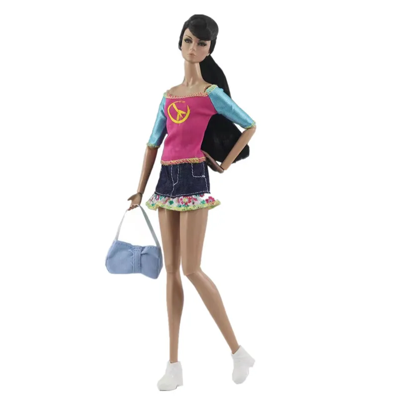 

Fashion Rosy Jeans Mid Sleeve Dress for Barbie Clothes Doll Outfits Handbag Shoes 1/6 BJD Accessories Children Educational Toys