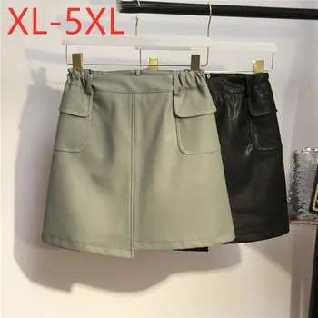 

New ladies Korean style autumn winter plus size mini skirt for women large slim a line PU black green pocket skirts 3XL 4XL 5XL