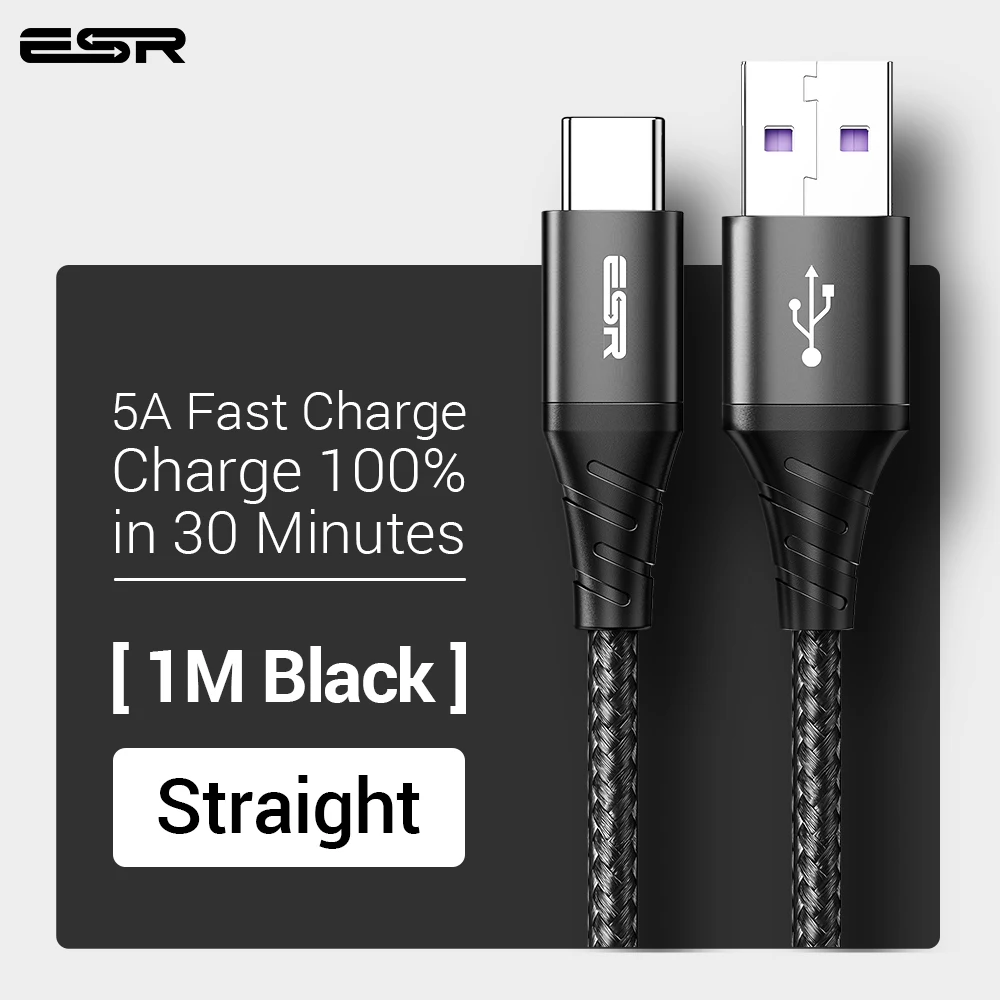 ESR 5A usb type-C кабель 1 м 2 м Быстрая зарядка type-C кабель для huawei P30 P20 mate 20 Pro Phone Supercharge QC3.0 USBC Кабо черный - Цвет: straight black 1M